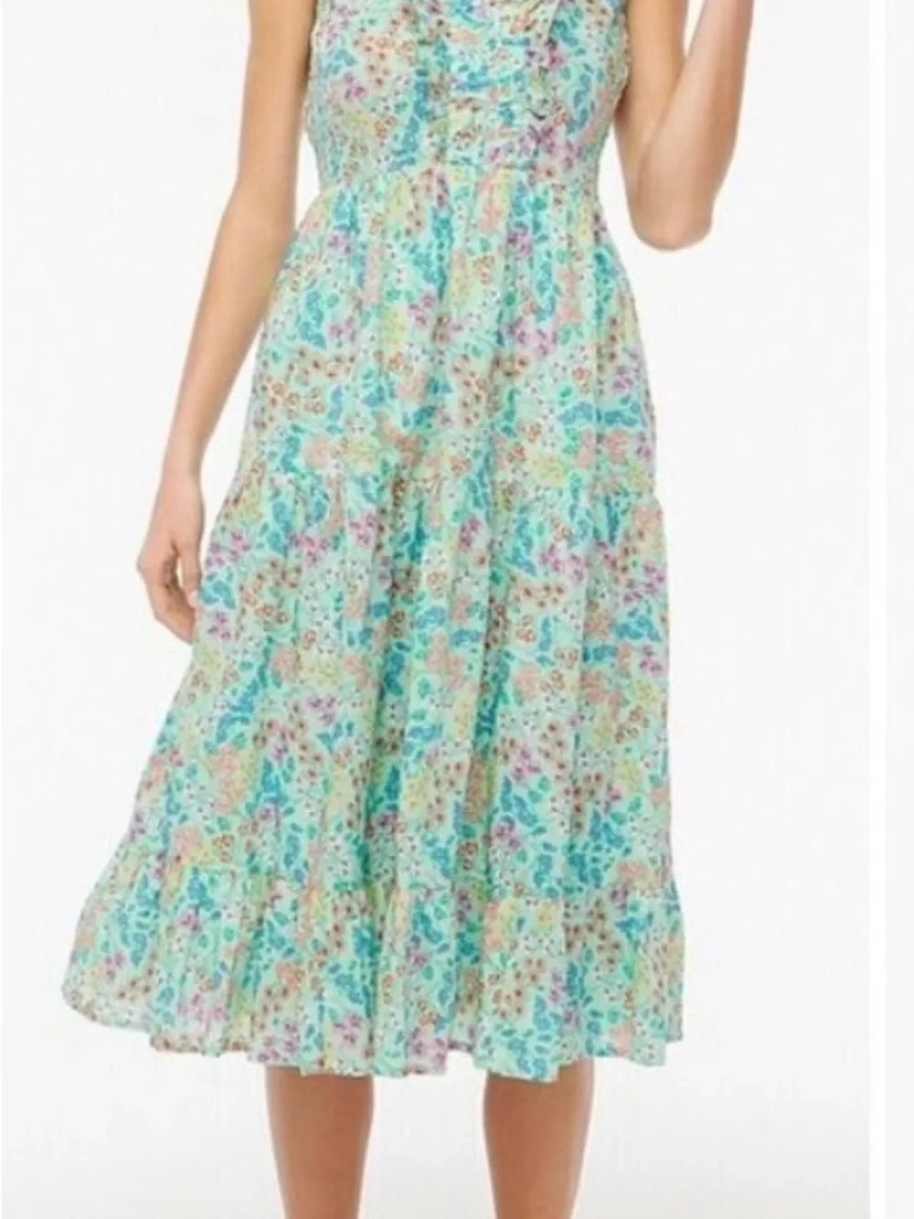J. Crew Mint Floral Ruffle V-Neck Tiered Midi Dress - Picture 4 of 5